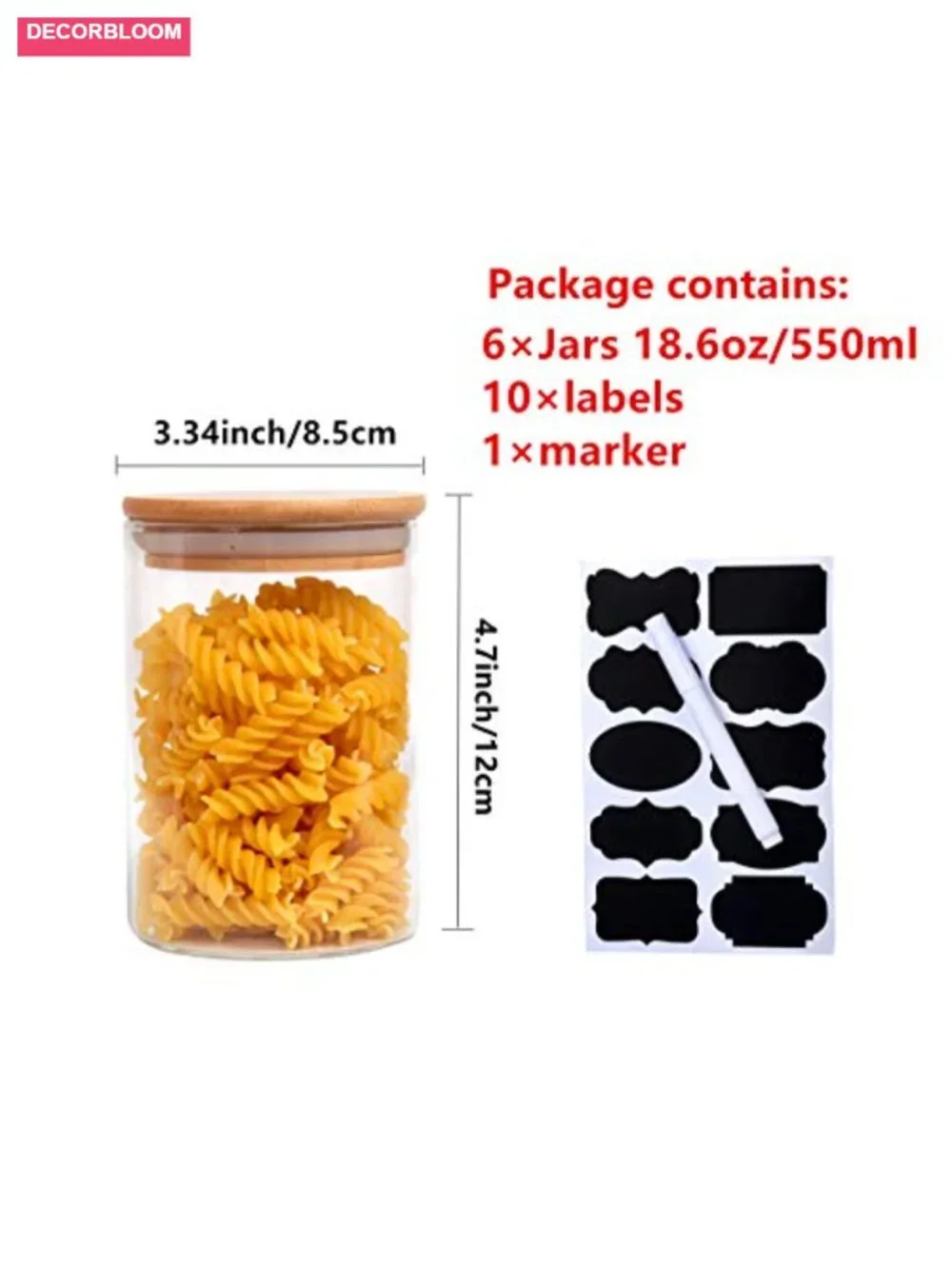 6 Pcs 18oz Glass Storage Jars with Airtight Bamboo Lids Labels